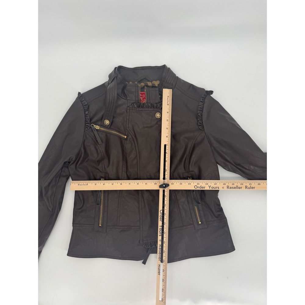 Apple Bottoms Womens Brown Faux Leather Ruffle Moto Jacket Leopard Lining L - Picture 9 of 13